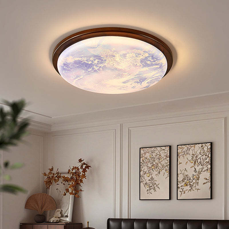 Nordic Wood Acrylic Moon Round LED Flush Mount Light