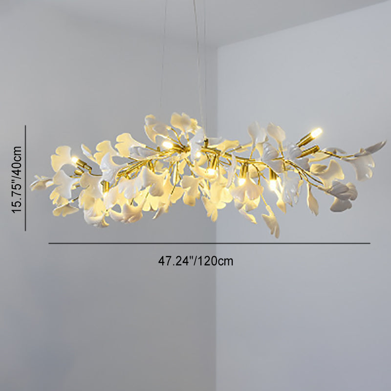 French Ginkgo Leaf Dome Iron Ceramic Linear Chandelier