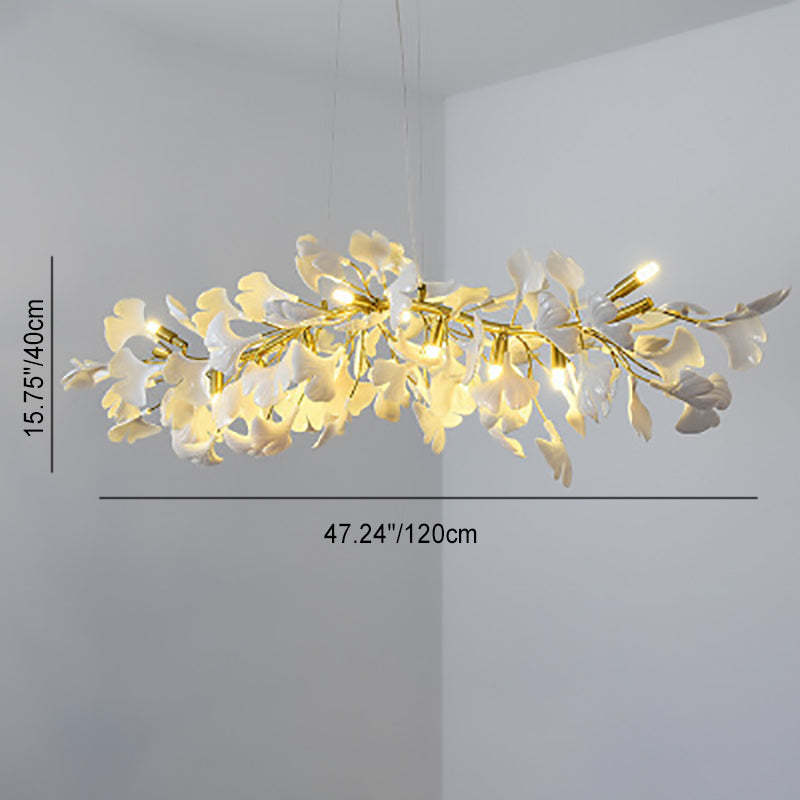 French Ginkgo Leaf Dome Iron Ceramic Linear Chandelier