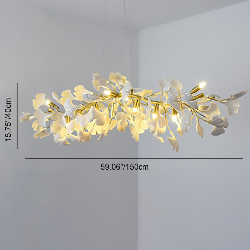 French Ginkgo Leaf Dome Iron Ceramic Linear Chandelier