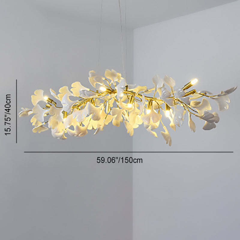 French Ginkgo Leaf Dome Iron Ceramic Linear Chandelier