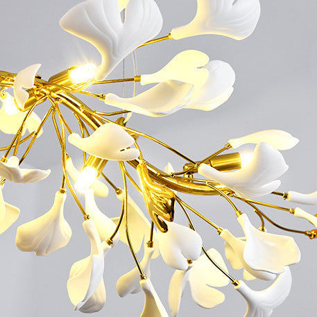 French Ginkgo Leaf Dome Iron Ceramic Linear Chandelier