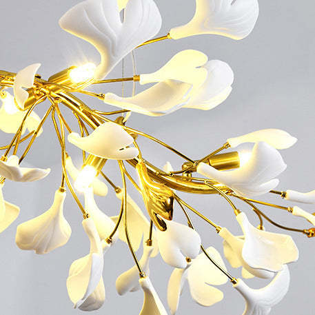 French Ginkgo Leaf Dome Iron Ceramic Linear Chandelier