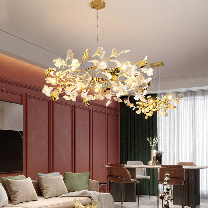 French Ginkgo Leaf Dome Iron Ceramic Linear Chandelier