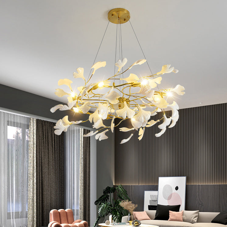 French Ginkgo Leaf Dome Iron Ceramic Linear Chandelier