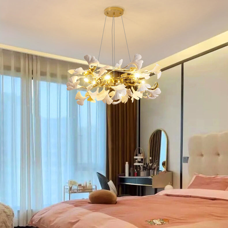 French Ginkgo Leaf Dome Iron Ceramic Linear Chandelier