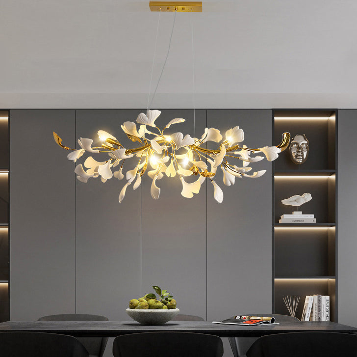 French Ginkgo Leaf Dome Iron Ceramic Linear Chandelier