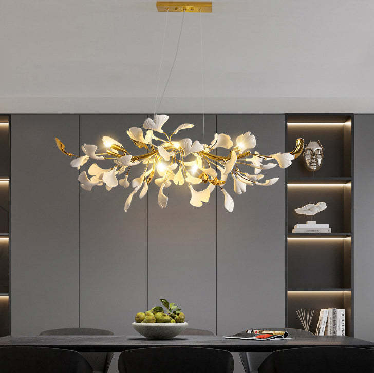 French Ginkgo Leaf Dome Iron Ceramic Linear Chandelier