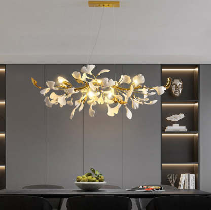 French Ginkgo Leaf Dome Iron Ceramic Linear Chandelier