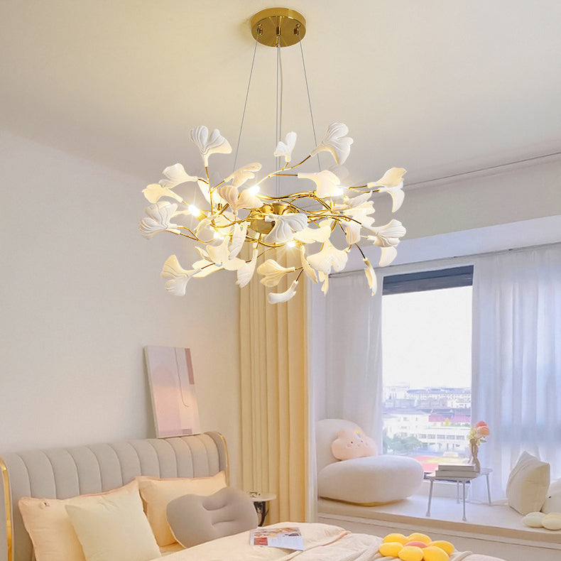 French Ginkgo Leaf Dome Iron Ceramic Linear Chandelier