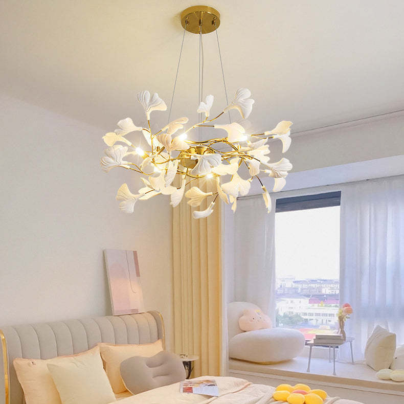 French Ginkgo Leaf Dome Iron Ceramic Linear Chandelier