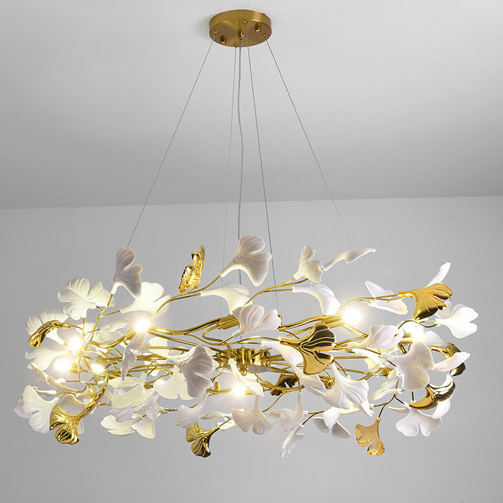 French Ginkgo Leaf Dome Iron Ceramic Linear Chandelier