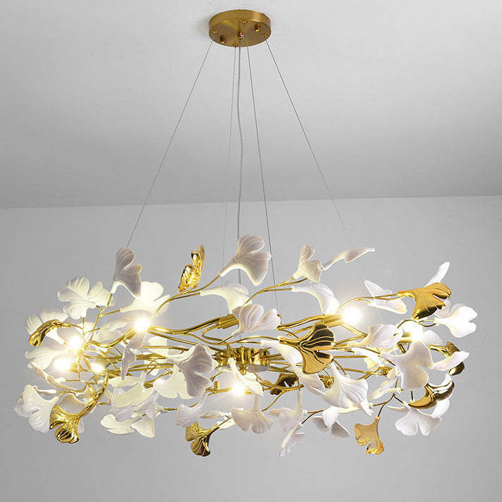 French Ginkgo Leaf Dome Iron Ceramic Linear Chandelier