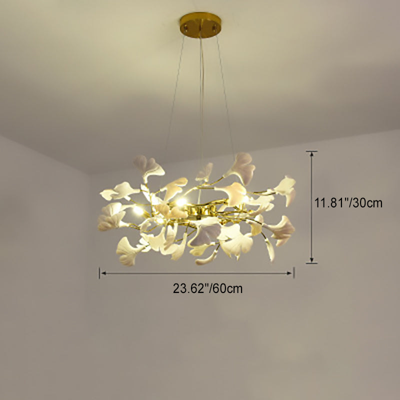 French Ginkgo Leaf Dome Iron Ceramic Linear Chandelier