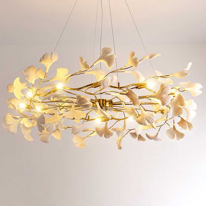 French Ginkgo Leaf Dome Iron Ceramic Linear Chandelier
