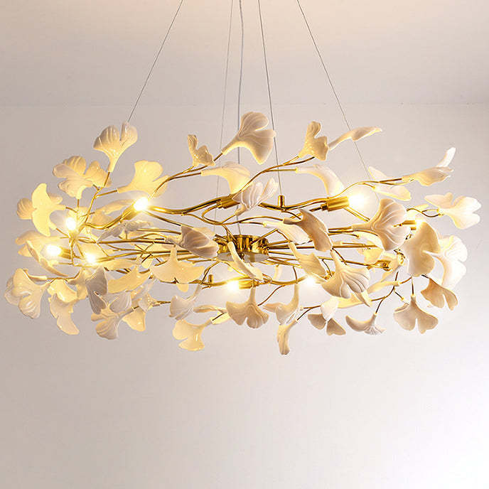 French Ginkgo Leaf Dome Iron Ceramic Linear Chandelier