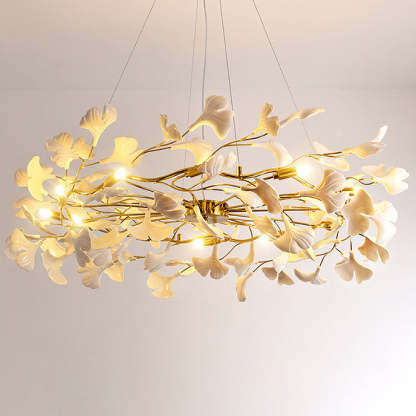 French Ginkgo Leaf Dome Iron Ceramic Linear Chandelier