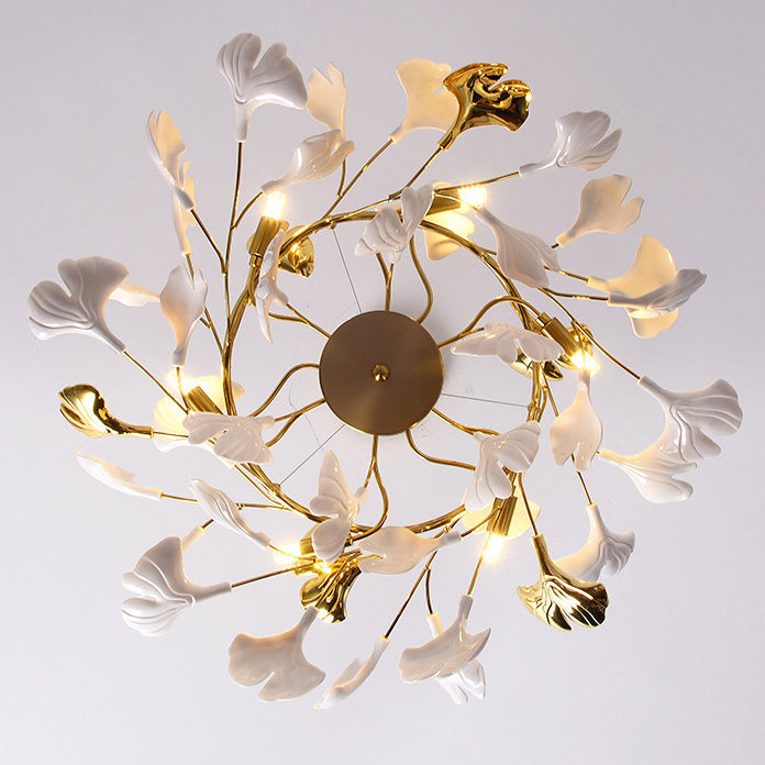 French Ginkgo Leaf Dome Iron Ceramic Linear Chandelier