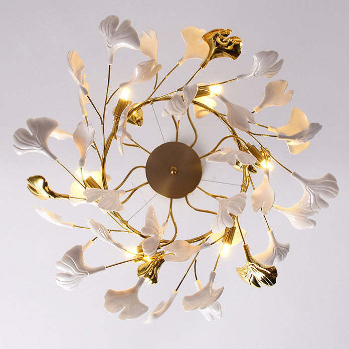 French Ginkgo Leaf Dome Iron Ceramic Linear Chandelier