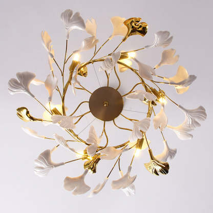 French Ginkgo Leaf Dome Iron Ceramic Linear Chandelier