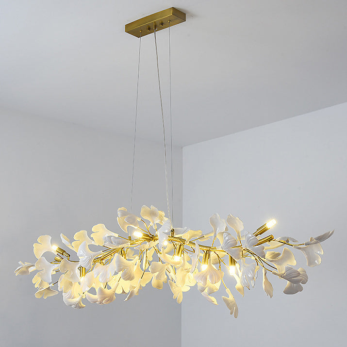 French Ginkgo Leaf Dome Iron Ceramic Linear Chandelier