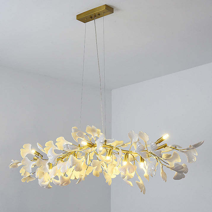 French Ginkgo Leaf Dome Iron Ceramic Linear Chandelier