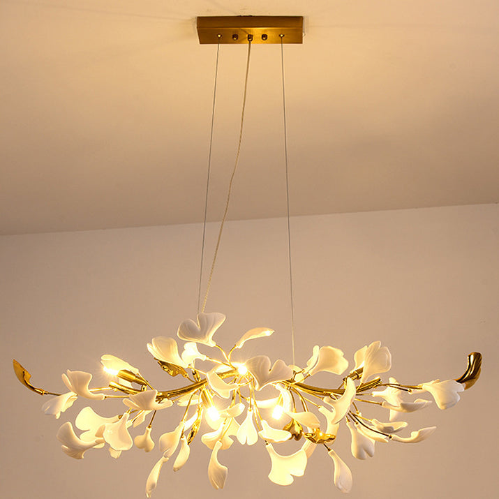 French Ginkgo Leaf Dome Iron Ceramic Linear Chandelier