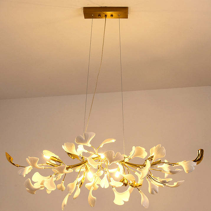 French Ginkgo Leaf Dome Iron Ceramic Linear Chandelier