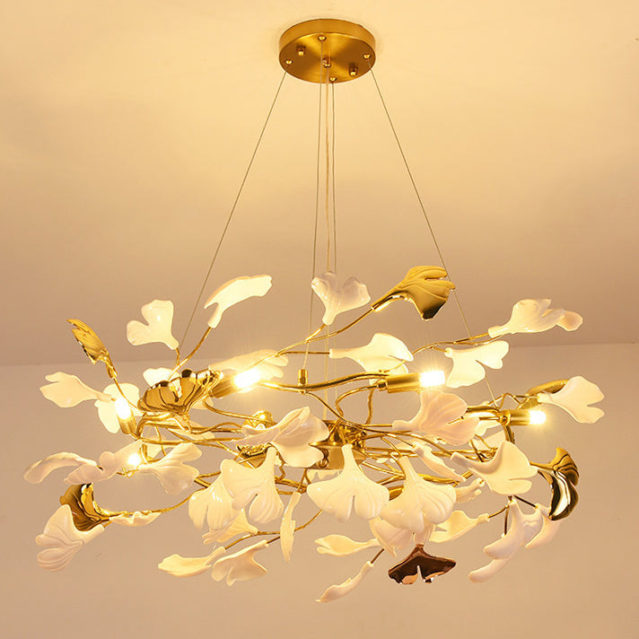 French Ginkgo Leaf Dome Iron Ceramic Linear Chandelier