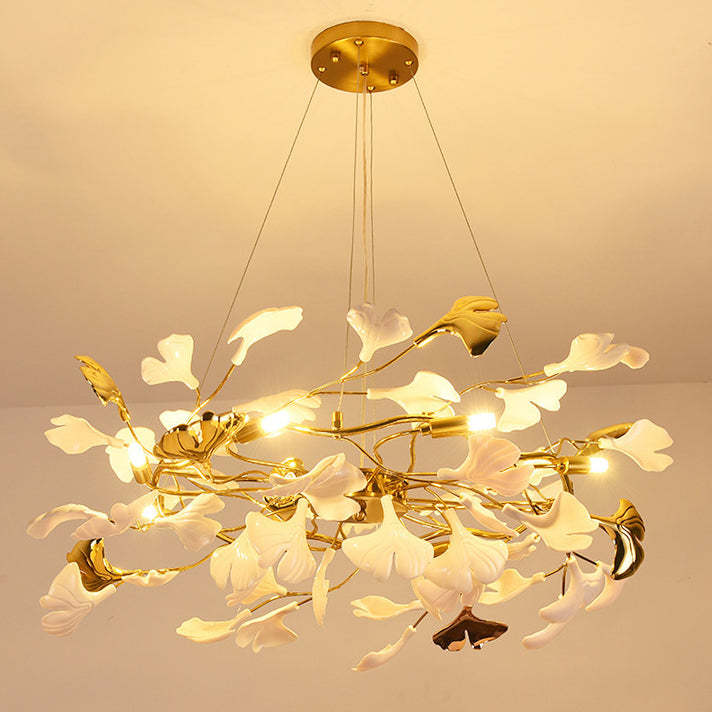 French Ginkgo Leaf Dome Iron Ceramic Linear Chandelier