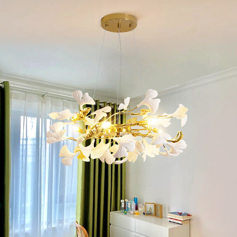 French Ginkgo Leaf Dome Iron Ceramic Linear Chandelier