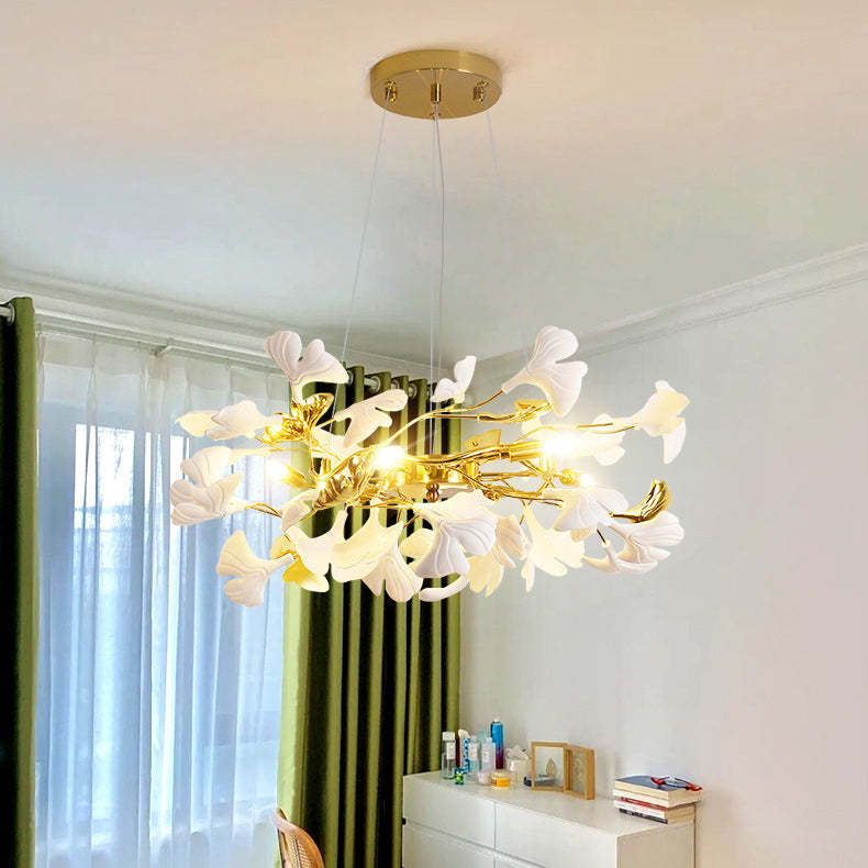 French Ginkgo Leaf Dome Iron Ceramic Linear Chandelier