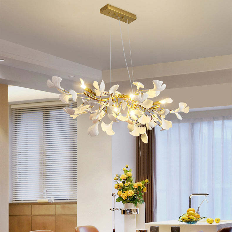 French Ginkgo Leaf Dome Iron Ceramic Linear Chandelier