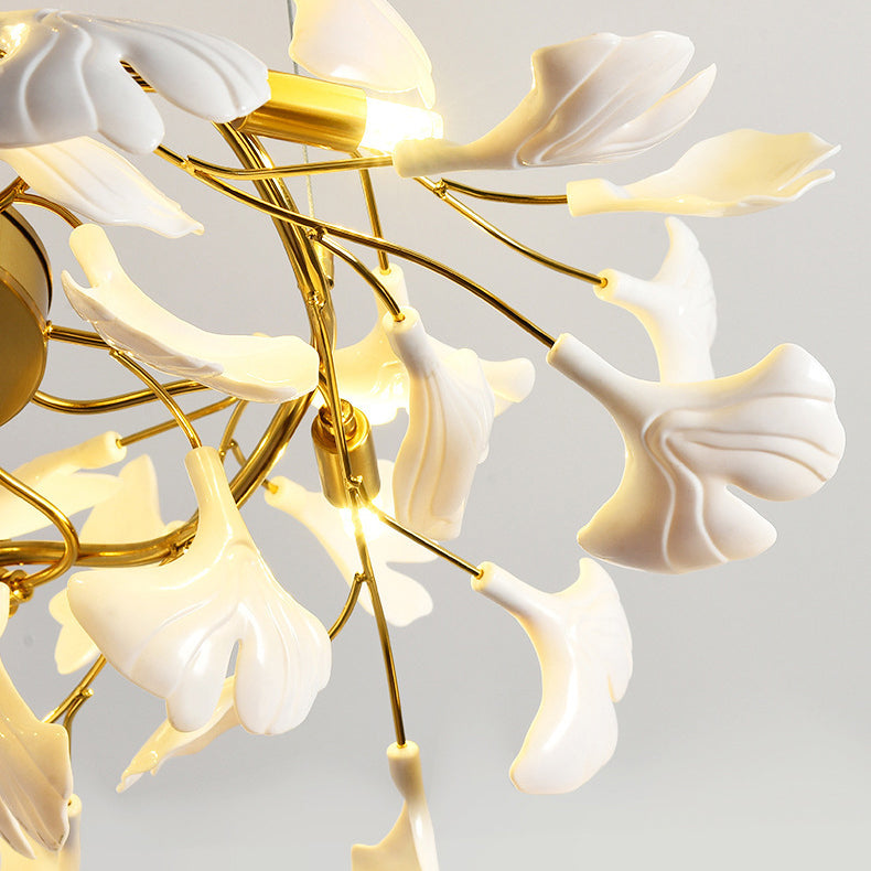 French Ginkgo Leaf Dome Iron Ceramic Linear Chandelier