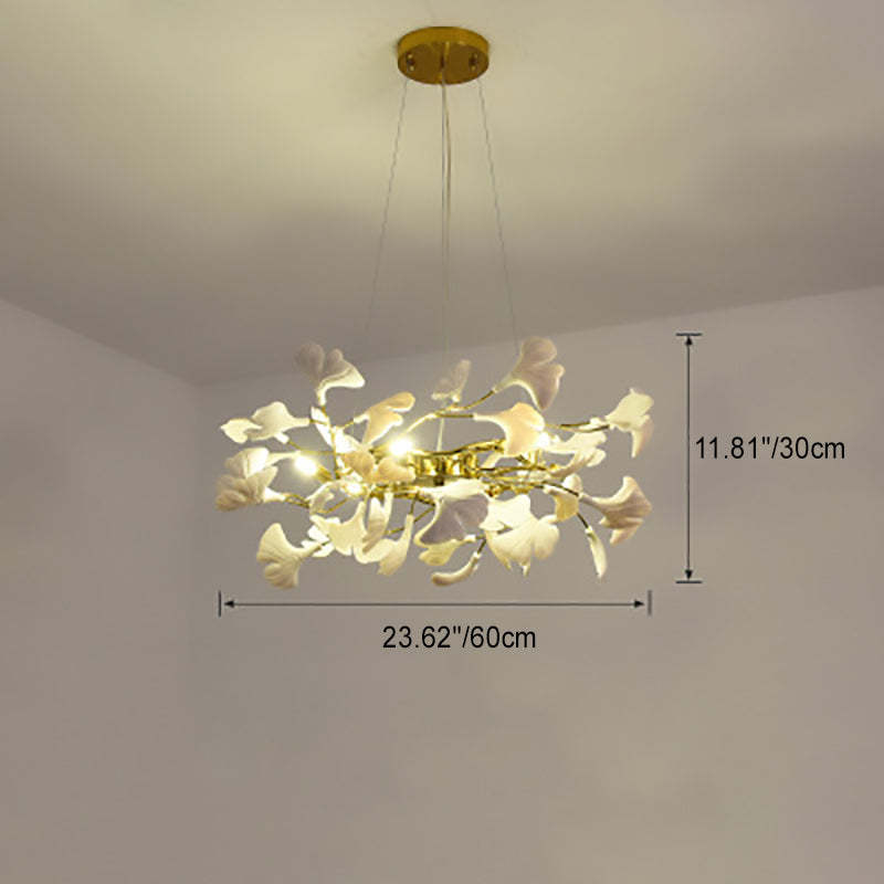 French Ginkgo Leaf Dome Iron Ceramic Linear Chandelier