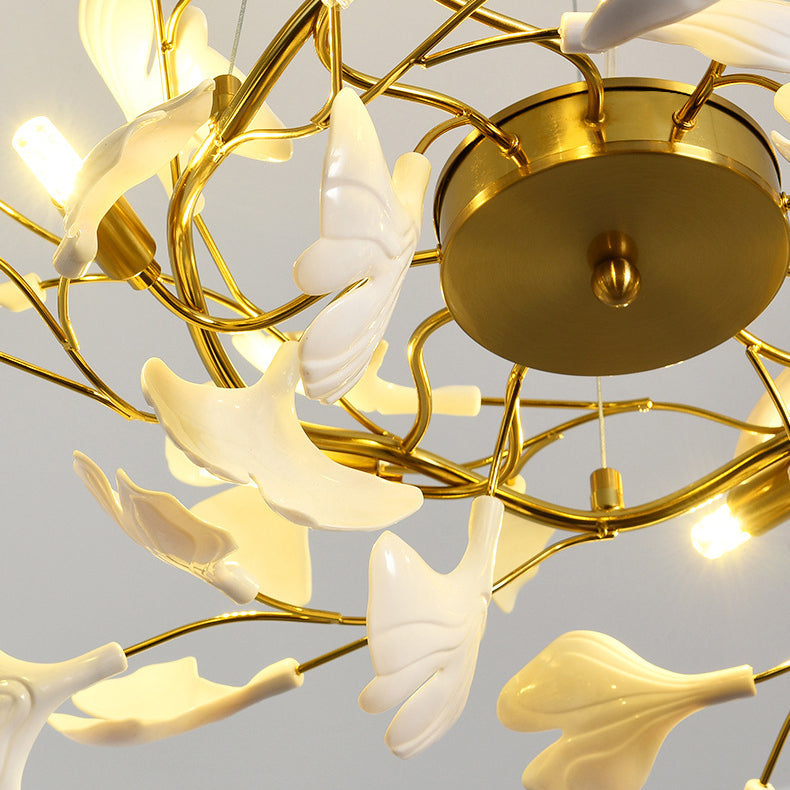 French Ginkgo Leaf Dome Iron Ceramic Linear Chandelier