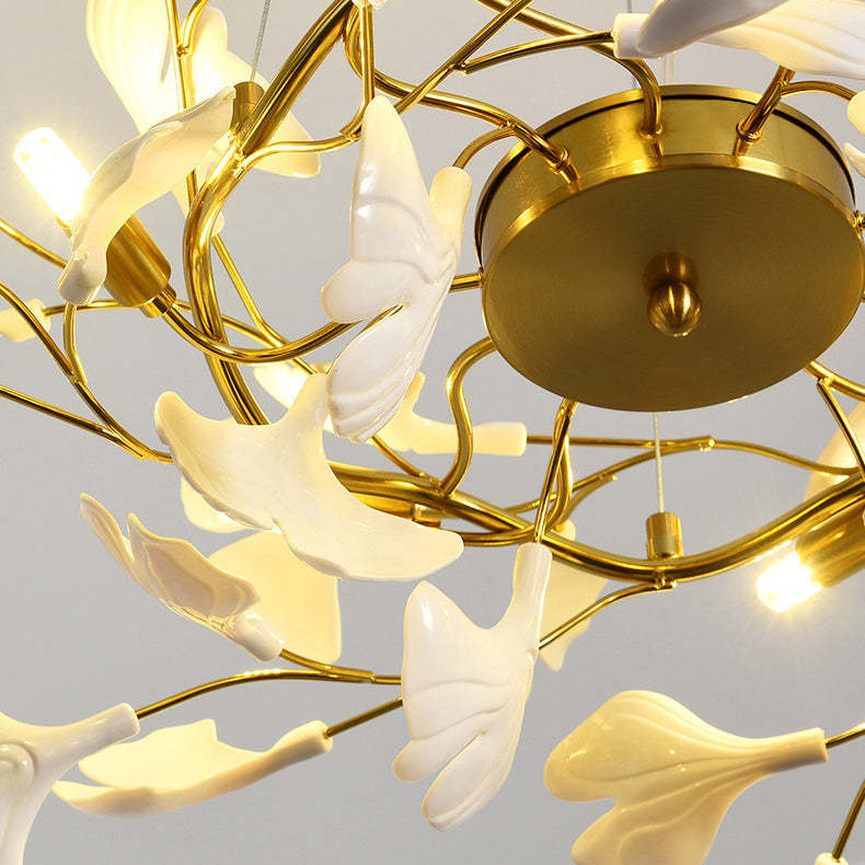 French Ginkgo Leaf Dome Iron Ceramic Linear Chandelier