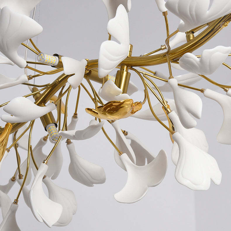 French Ginkgo Leaf Dome Iron Ceramic Linear Chandelier