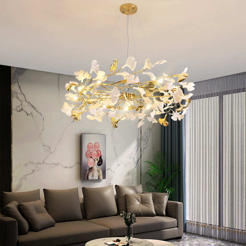 French Ginkgo Leaf Dome Iron Ceramic Linear Chandelier