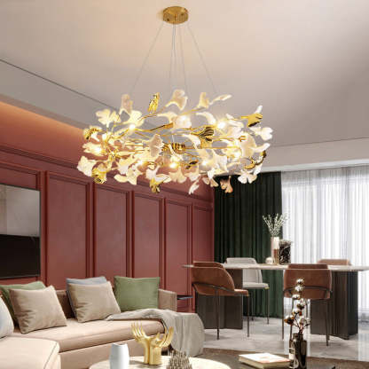 French Ginkgo Leaf Dome Iron Ceramic Linear Chandelier