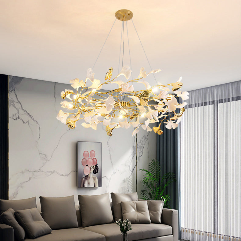 French Ginkgo Leaf Dome Iron Ceramic Linear Chandelier