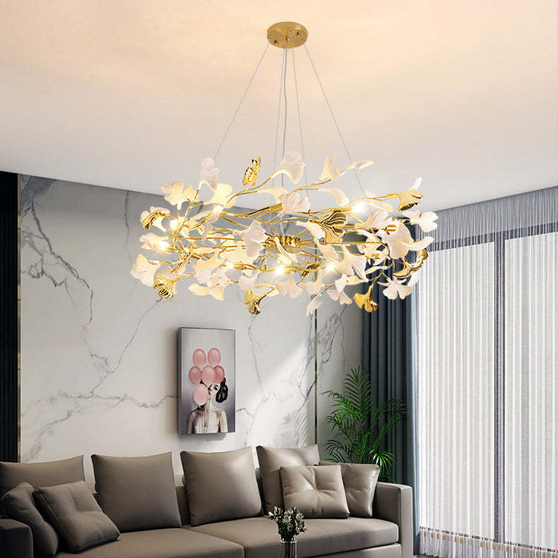 French Ginkgo Leaf Dome Iron Ceramic Linear Chandelier