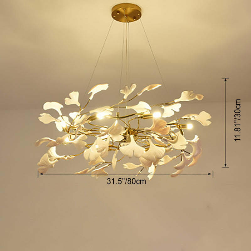 French Ginkgo Leaf Dome Iron Ceramic Linear Chandelier