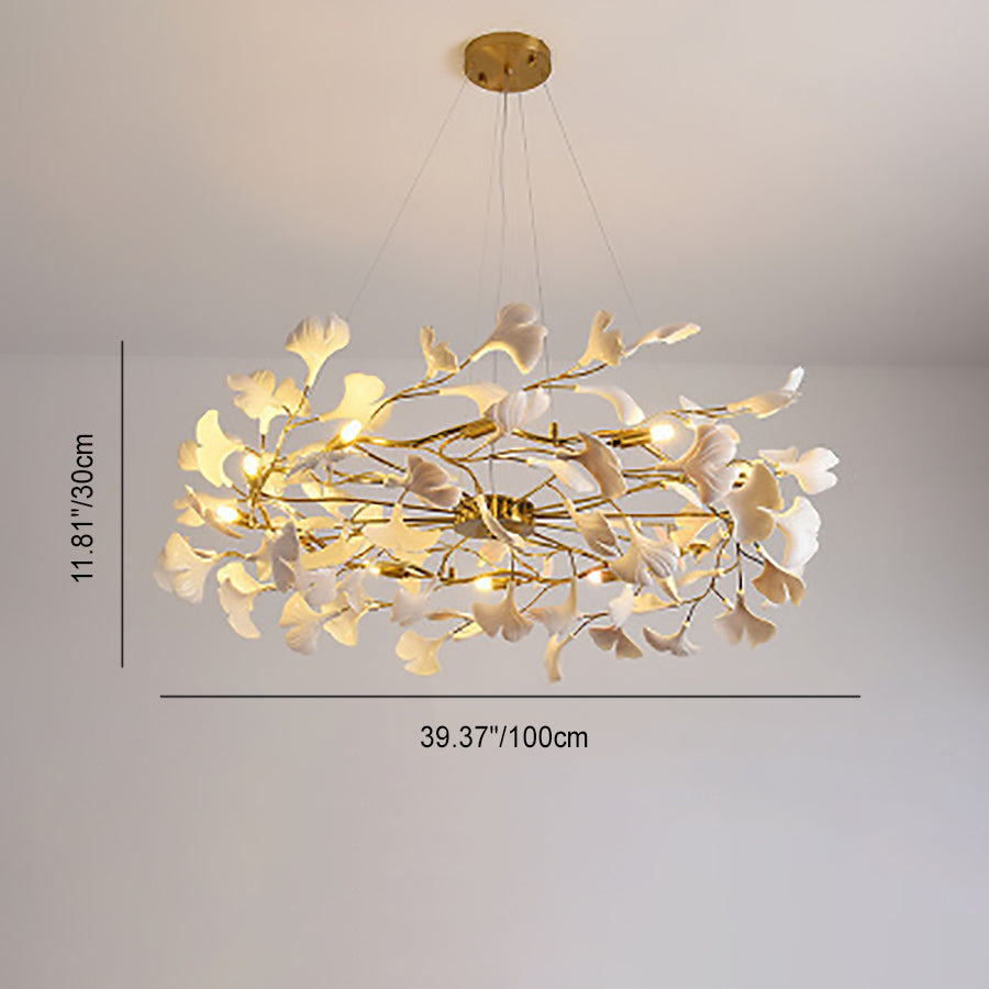 French Ginkgo Leaf Dome Iron Ceramic Linear Chandelier