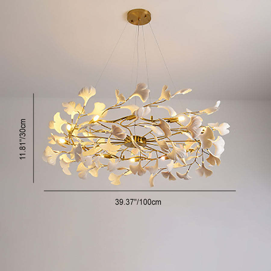 French Ginkgo Leaf Dome Iron Ceramic Linear Chandelier