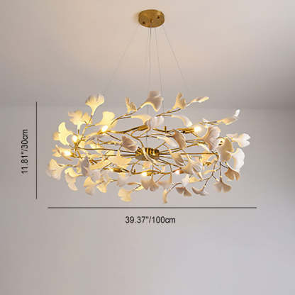 French Ginkgo Leaf Dome Iron Ceramic Linear Chandelier