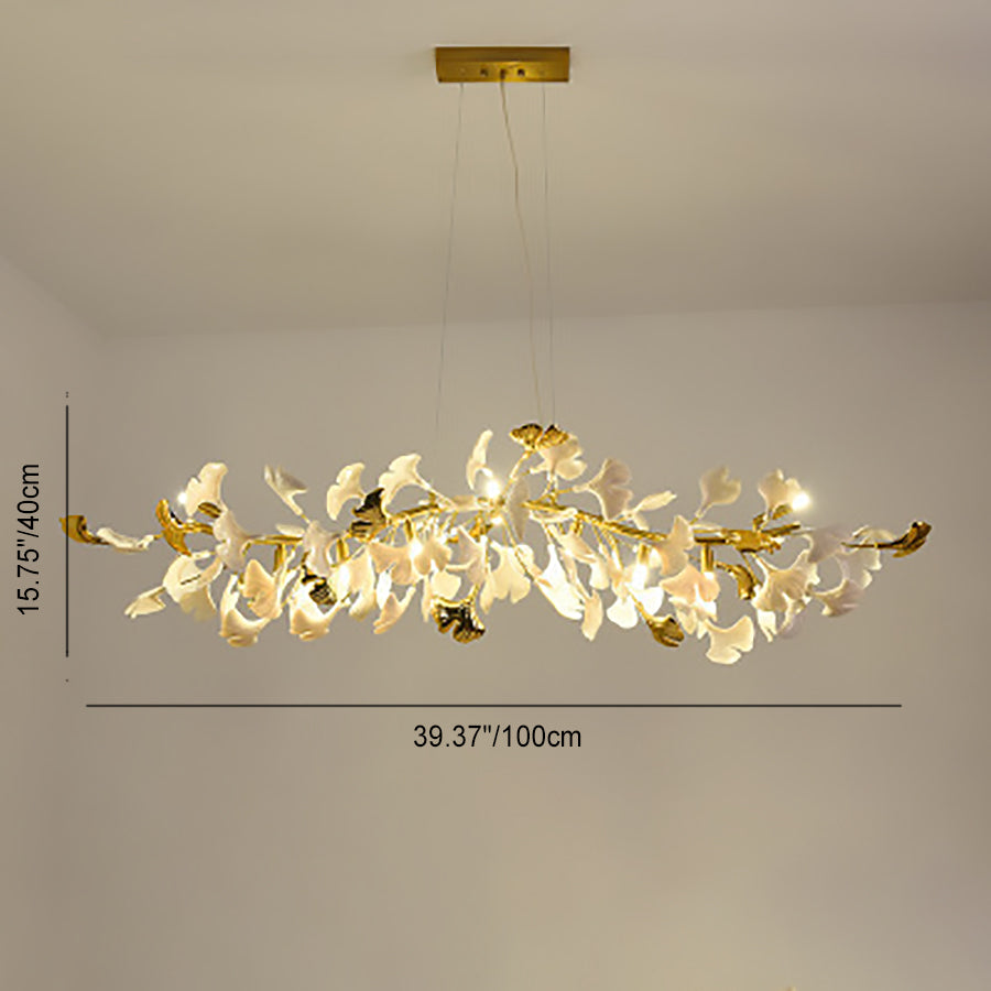 French Ginkgo Leaf Dome Iron Ceramic Linear Chandelier