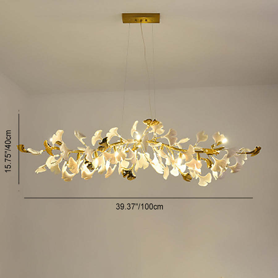 French Ginkgo Leaf Dome Iron Ceramic Linear Chandelier