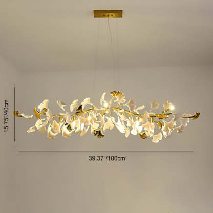 French Ginkgo Leaf Dome Iron Ceramic Linear Chandelier