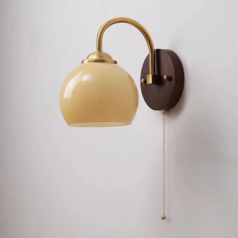 Mid-Century Cream Oval Ash Wood Glass Sconce